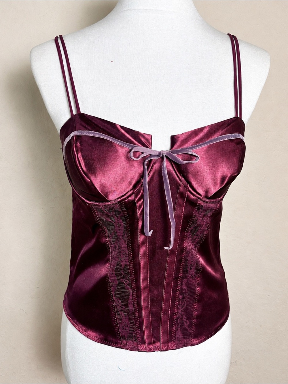 GUESS Vintage Satin Corset Bustier Top Y2K Lace Panel Detail Deep Plum Medium